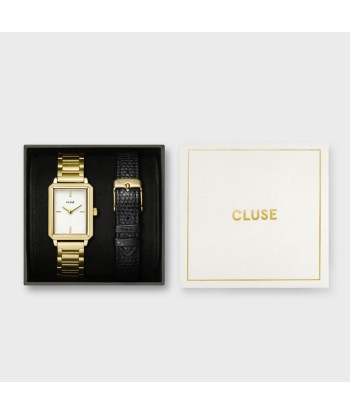 COFFRET CADEAU FLUETTE STEEL WATCH AND BLACK LEATHER LIZARD STRAP, GOLD COLOUR Les magasins à Paris