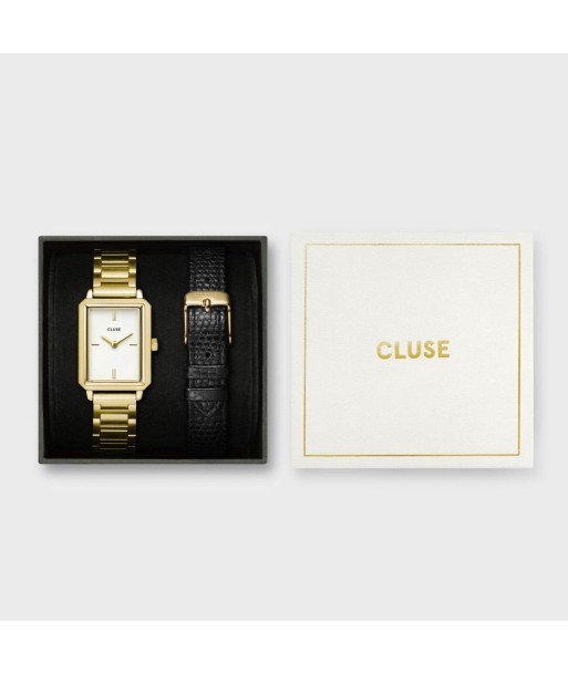 COFFRET CADEAU FLUETTE STEEL WATCH AND BLACK LEATHER LIZARD STRAP, GOLD COLOUR Les magasins à Paris